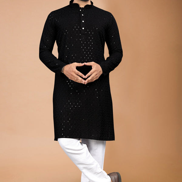 Neera Trendz Black Rayon Schiffli Work Men's Kurta With Pyjama