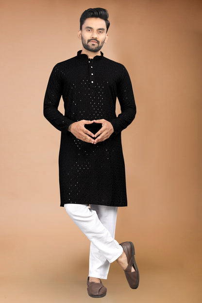 Neera Trendz Black Rayon Schiffli Work Men's Kurta With Pyjama - Distacart