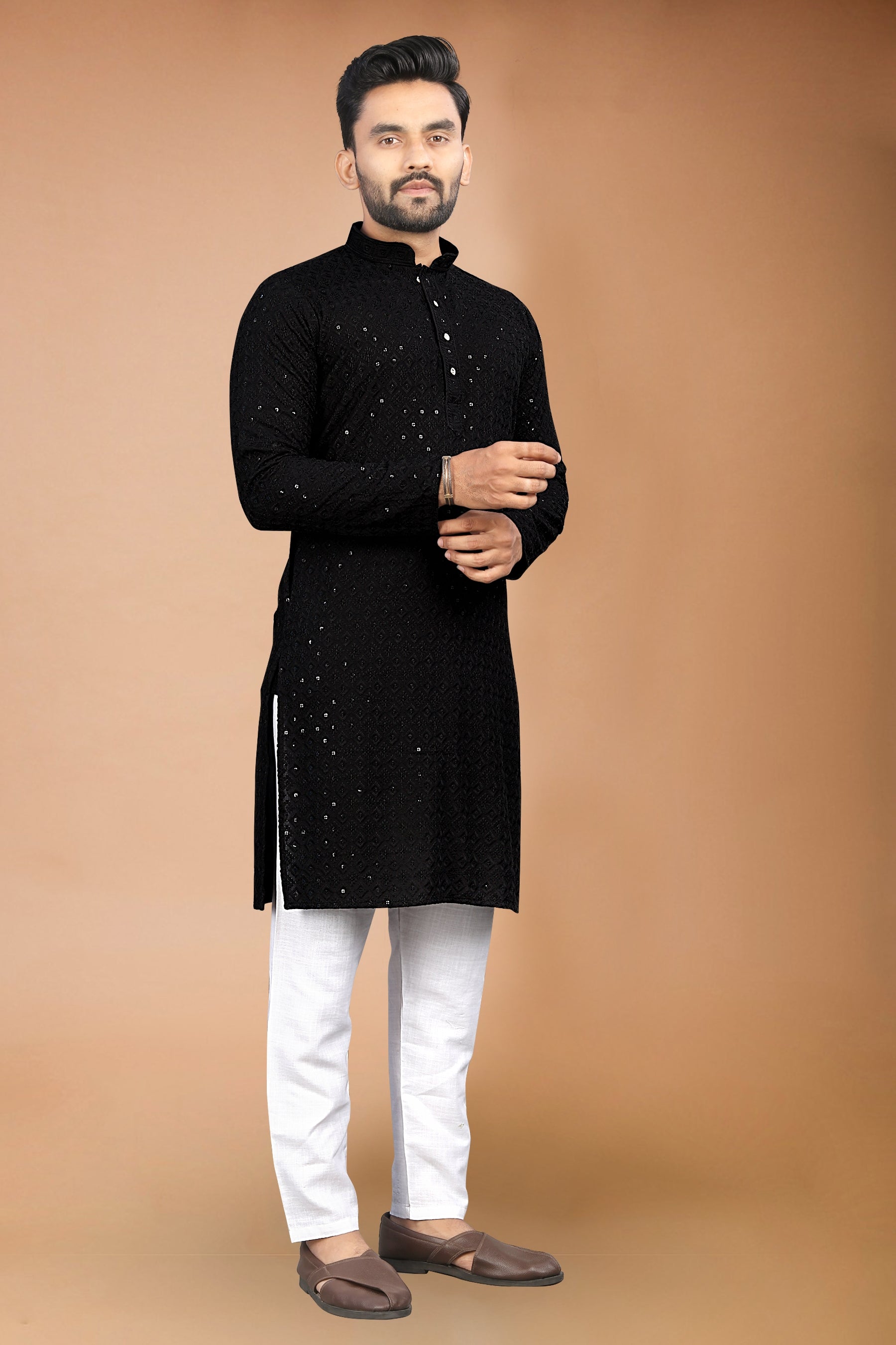 Neera Trendz Black Rayon Schiffli Work Men's Kurta With Pyjama - Distacart