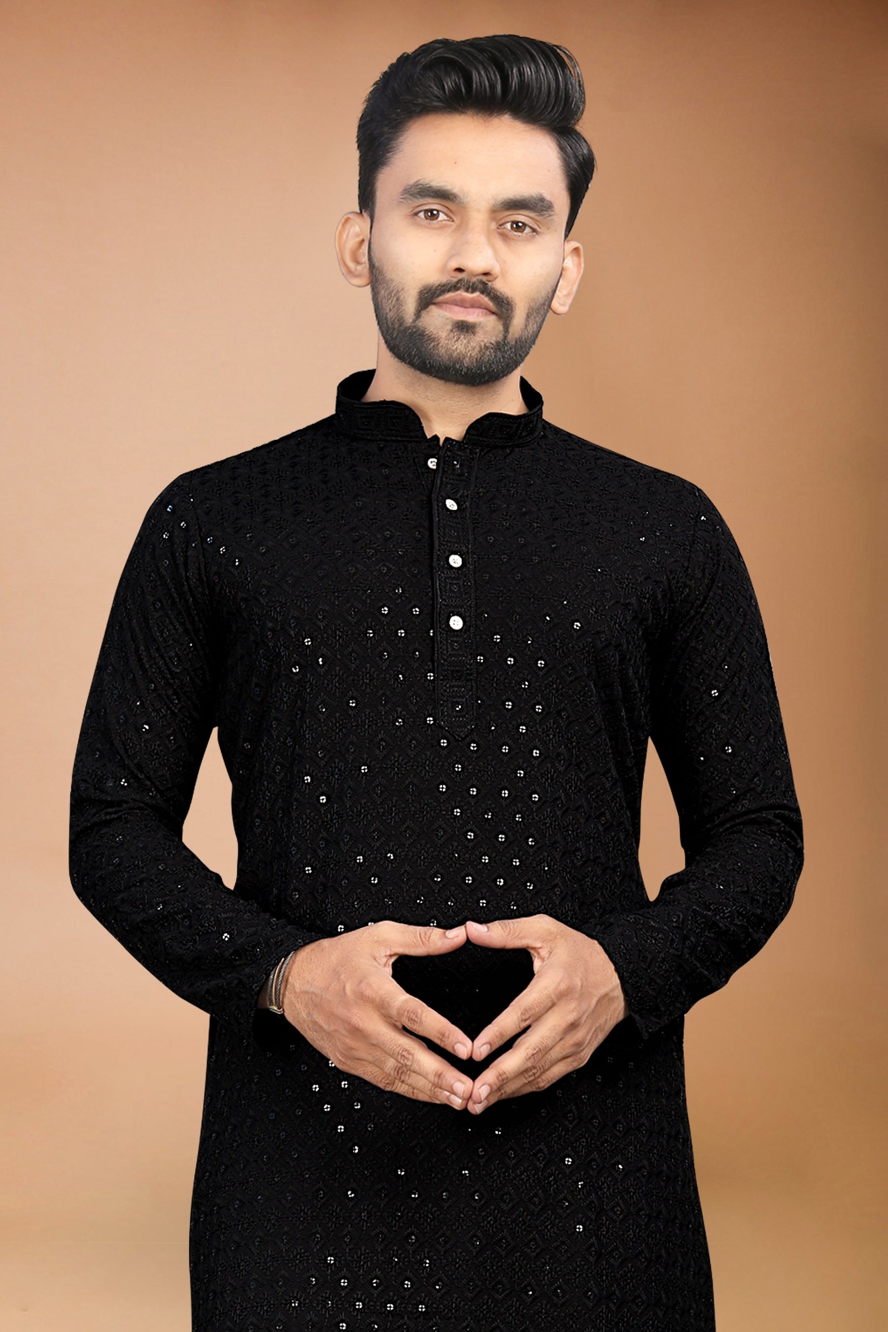 Neera Trendz Black Rayon Schiffli Work Men's Kurta With Pyjama