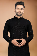 Thumbnail for Neera Trendz Black Rayon Schiffli Work Men's Kurta With Pyjama