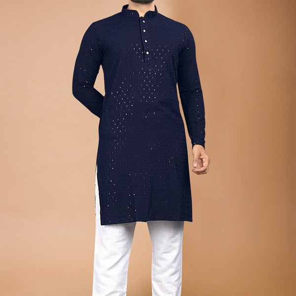 Neera Trendz Navy Blue Rayon Schiffli Work Men's Kurta With Pyjama