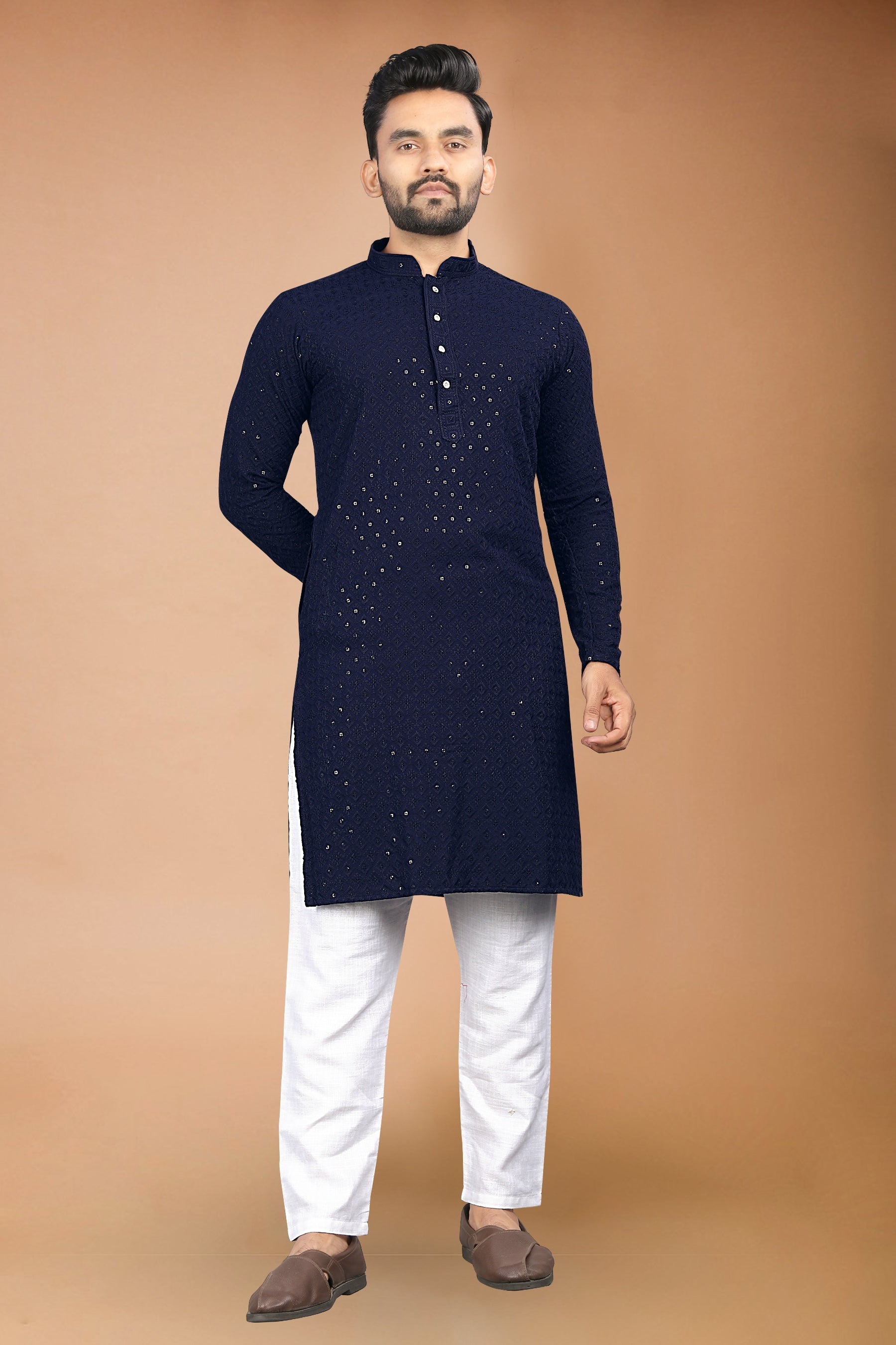 Neera Trendz Navy Blue Rayon Schiffli Work Men's Kurta With Pyjama - Dista