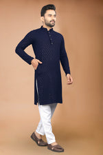 Thumbnail for Neera Trendz Navy Blue Rayon Schiffli Work Men's Kurta With Pyjama