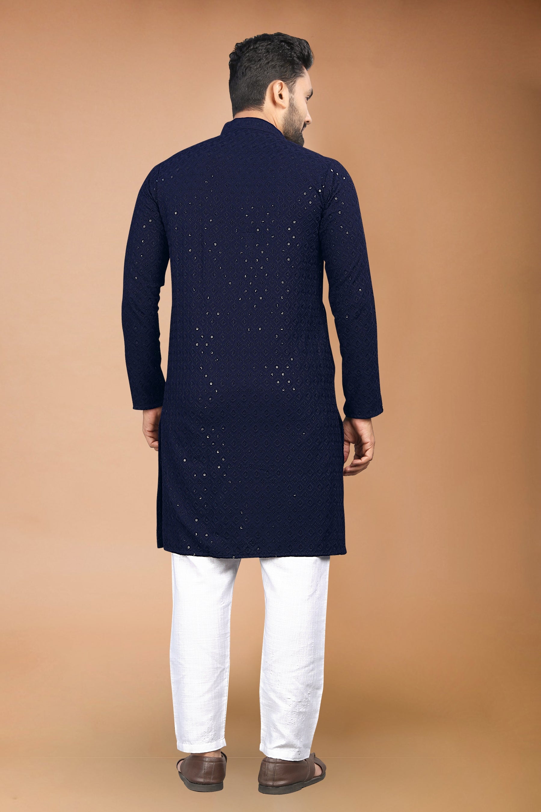Neera Trendz Navy Blue Rayon Schiffli Work Men's Kurta With Pyjama