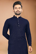 Thumbnail for Neera Trendz Navy Blue Rayon Schiffli Work Men's Kurta With Pyjama