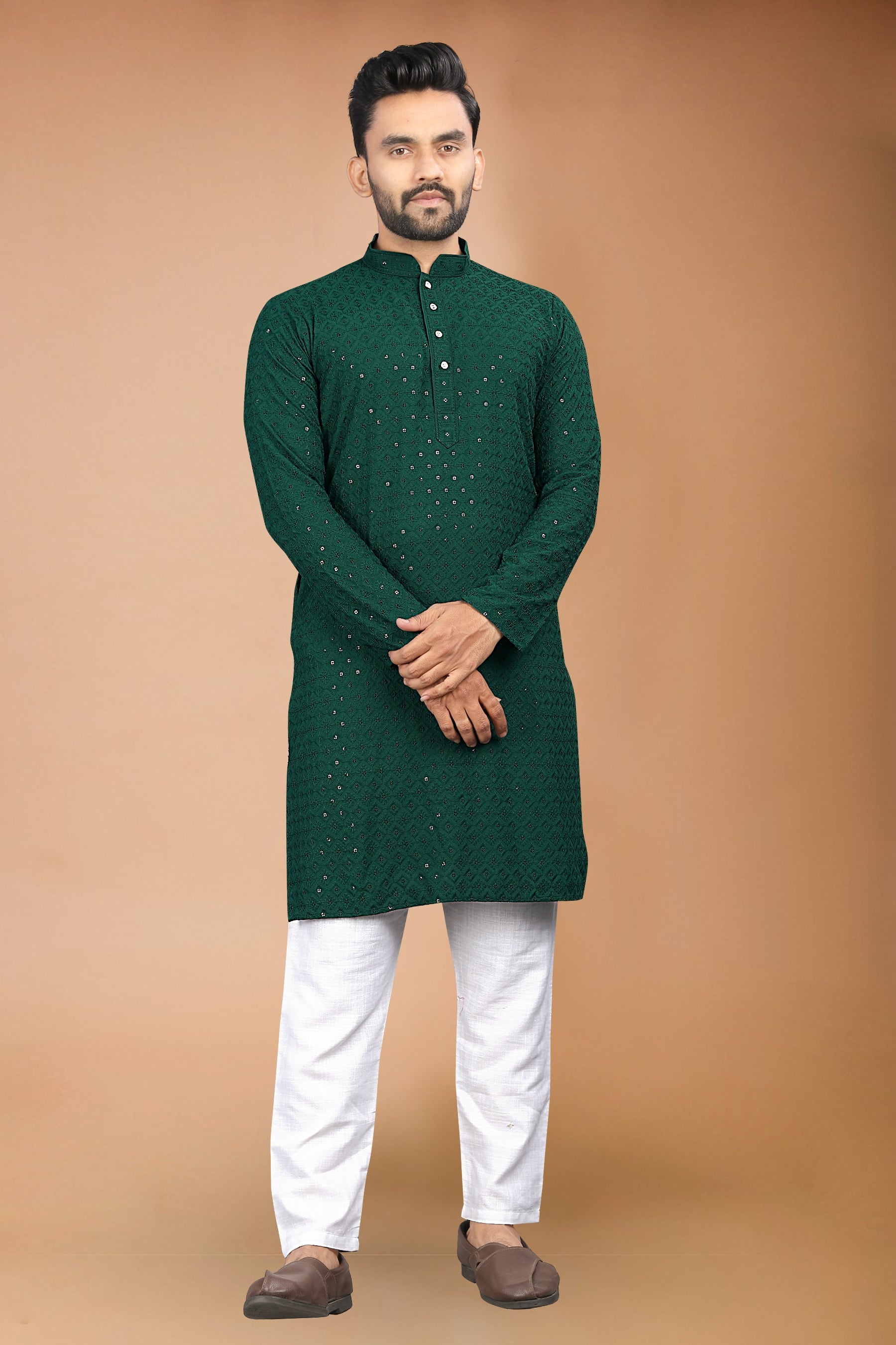 Neera Trendz Green Rayon Schiffli Work Men's Kurta With Pyjama