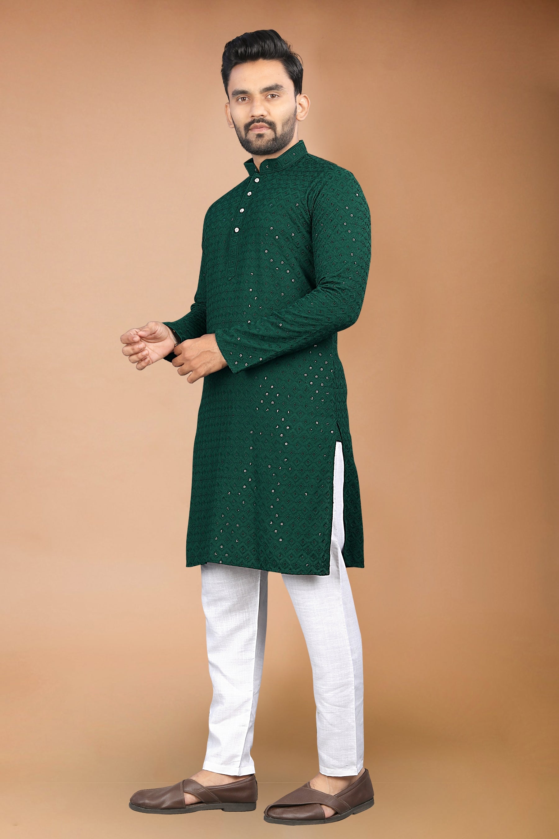 Neera Trendz Green Rayon Schiffli Work Men's Kurta With Pyjama - Distacart