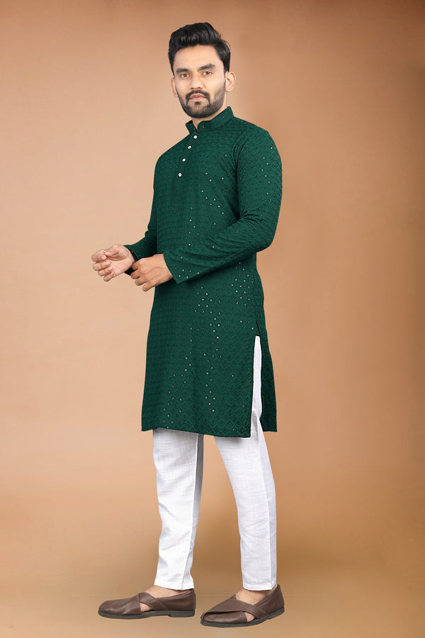 Neera Trendz Green Rayon Schiffli Work Men's Kurta With Pyjama
