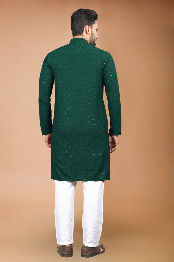 Neera Trendz Green Rayon Schiffli Work Men's Kurta With Pyjama