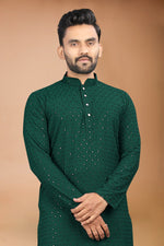 Thumbnail for Neera Trendz Green Rayon Schiffli Work Men's Kurta With Pyjama