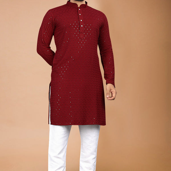 Neera Trendz Maroon Rayon Schiffli Work Men's Kurta With Pyjama