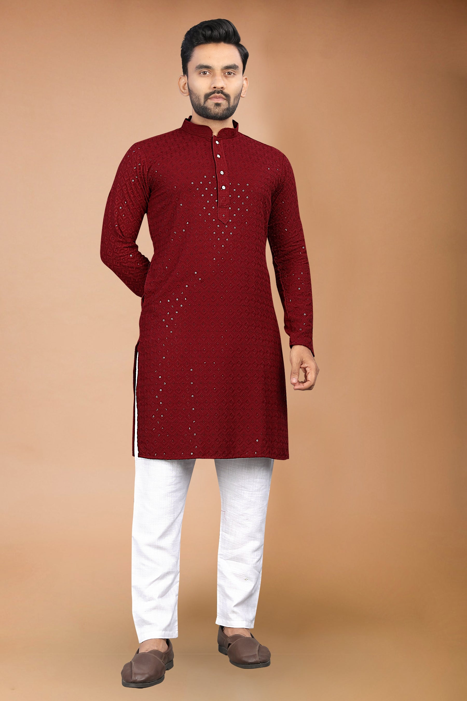 Neera Trendz Maroon Rayon Schiffli Work Men's Kurta With Pyjama - Dista