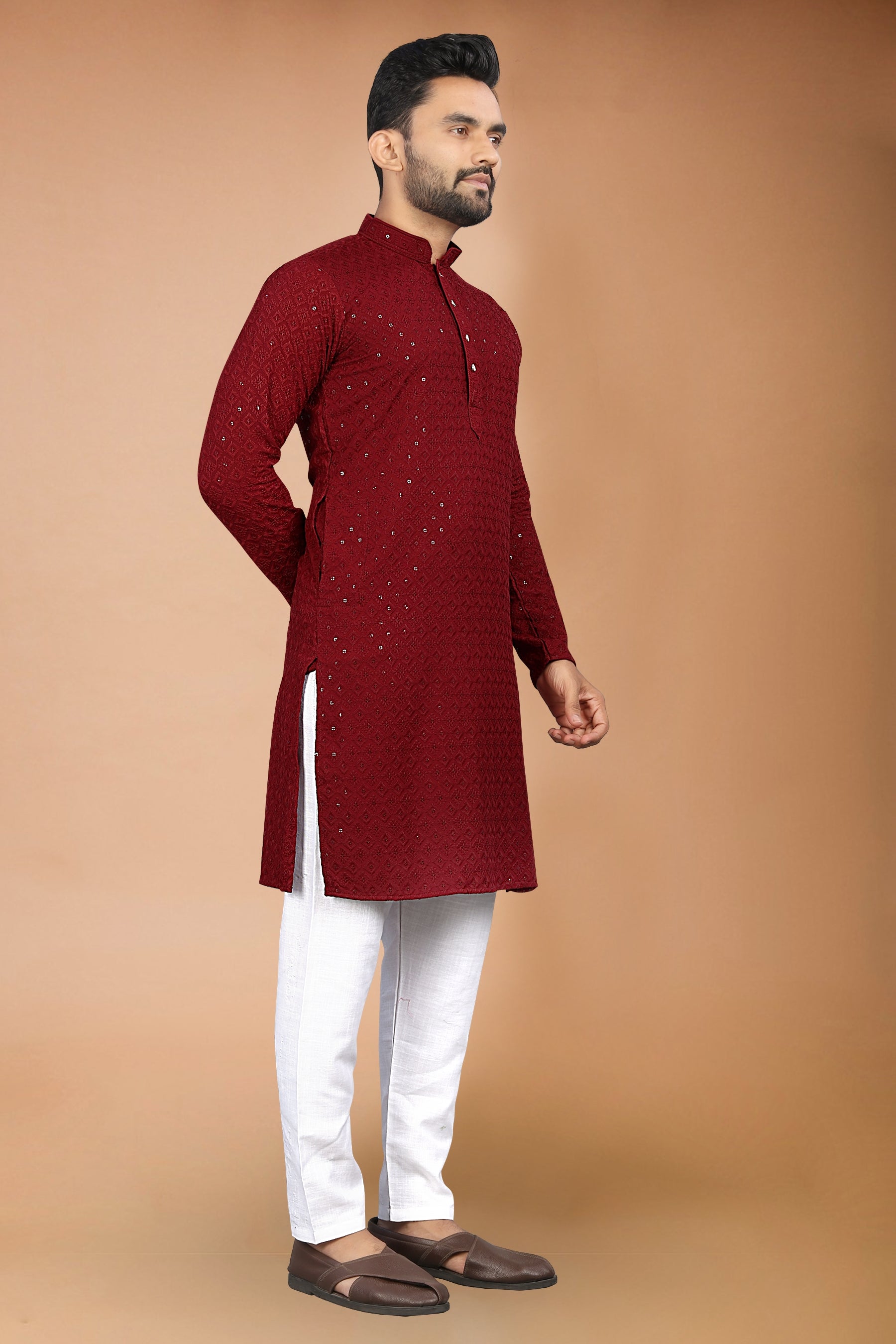 Neera Trendz Maroon Rayon Schiffli Work Men's Kurta With Pyjama - Dista