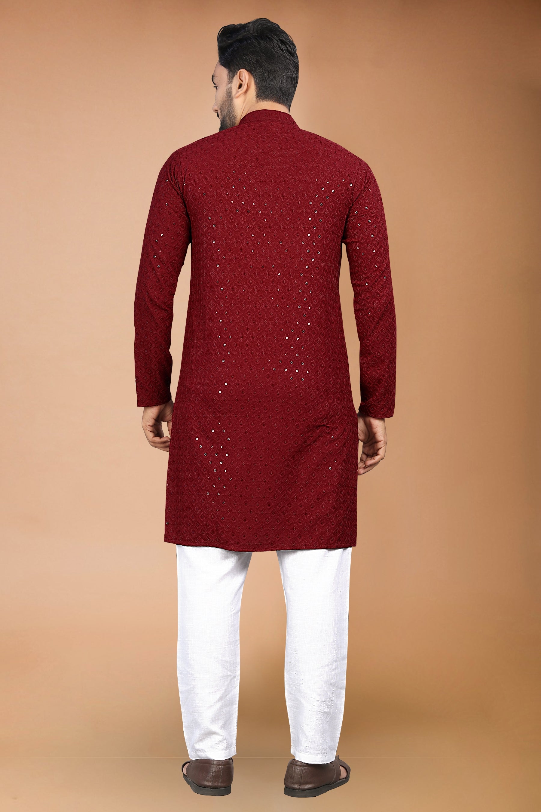 Neera Trendz Maroon Rayon Schiffli Work Men's Kurta With Pyjama - Dista