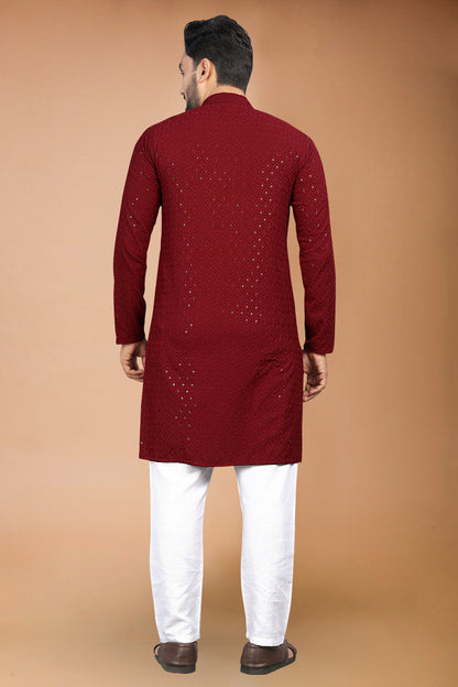 Neera Trendz Maroon Rayon Schiffli Work Men's Kurta With Pyjama - Dista