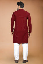 Thumbnail for Neera Trendz Maroon Rayon Schiffli Work Men's Kurta With Pyjama