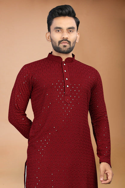 Neera Trendz Maroon Rayon Schiffli Work Men's Kurta With Pyjama - Dista