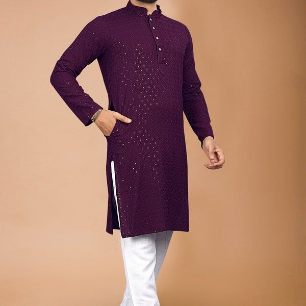 Neera Trendz Wine Rayon Schiffli Work Men's Kurta With Pyjama
