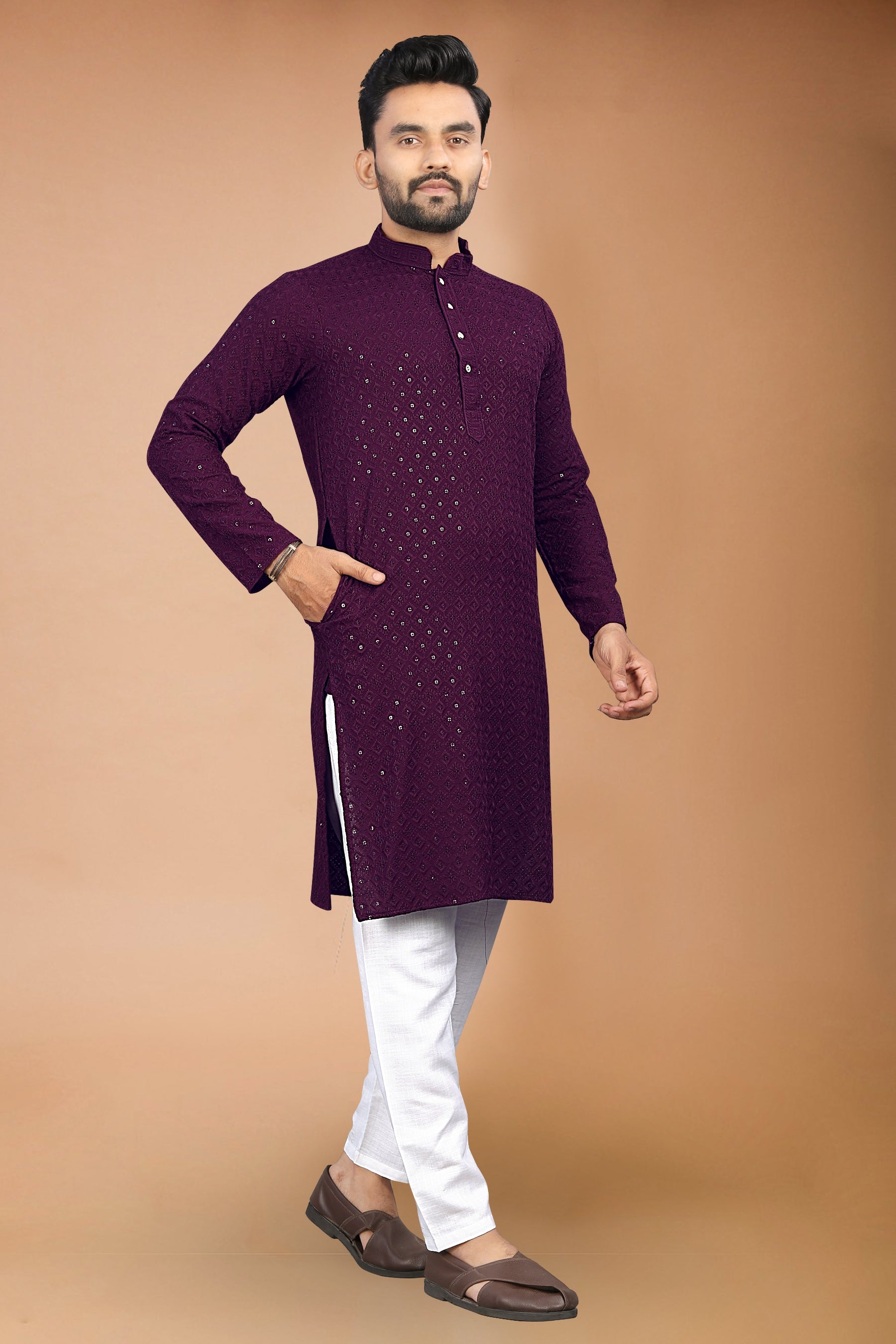 Neera Trendz Wine Rayon Schiffli Work Men's Kurta With Pyjama