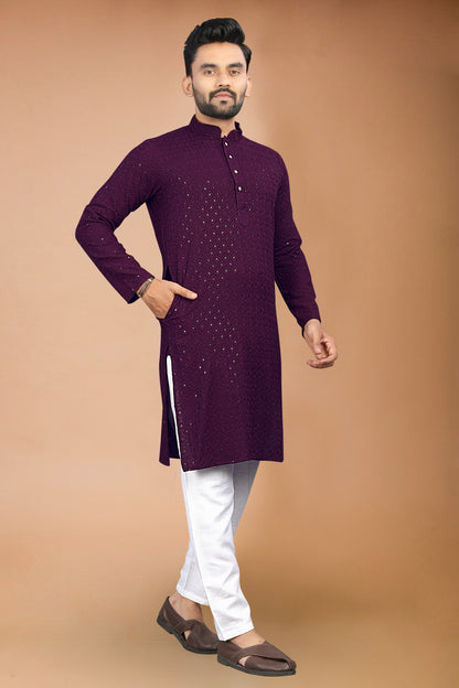 Neera Trendz Wine Rayon Schiffli Work Men's Kurta With Pyjama - Distacart