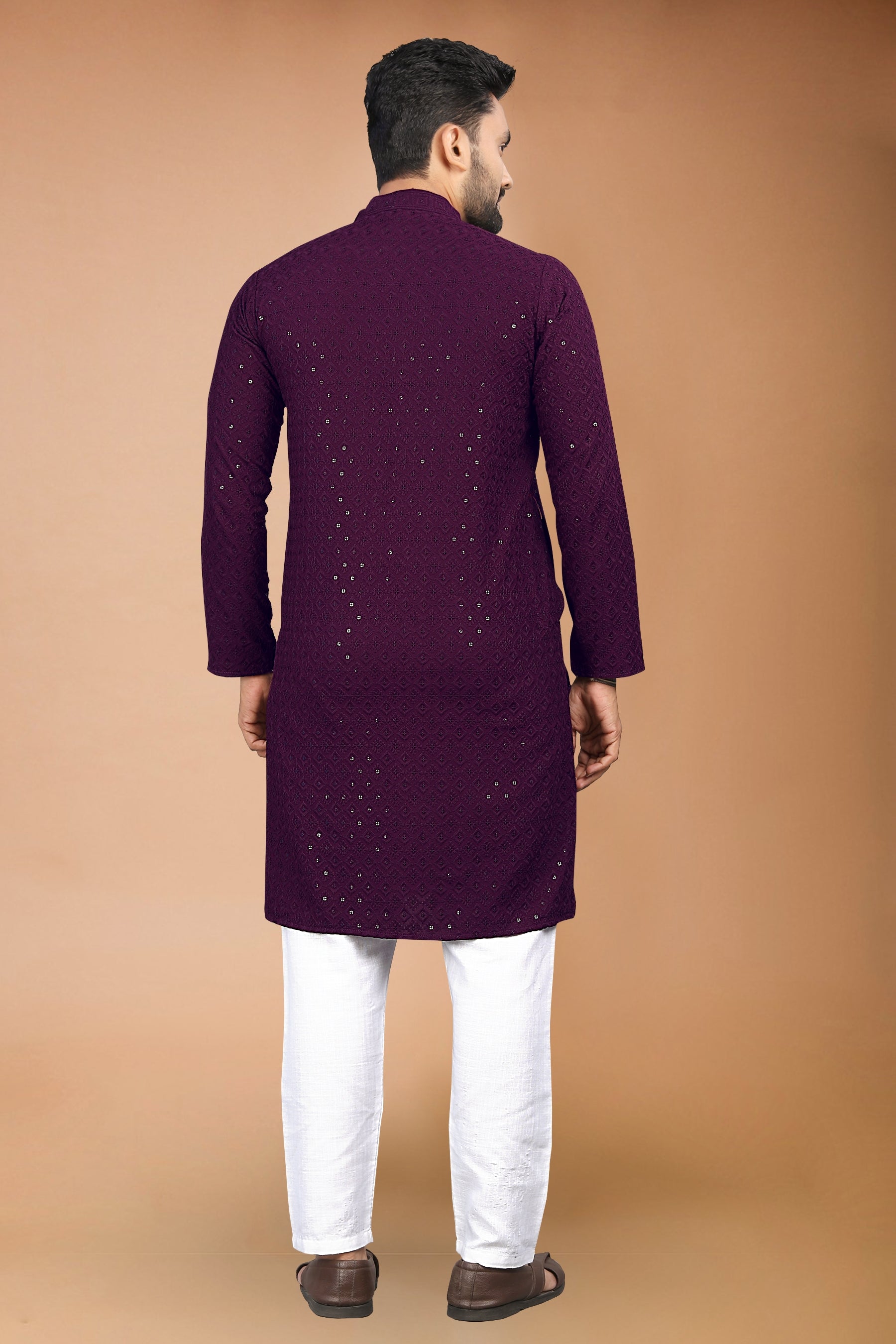 Neera Trendz Wine Rayon Schiffli Work Men's Kurta With Pyjama