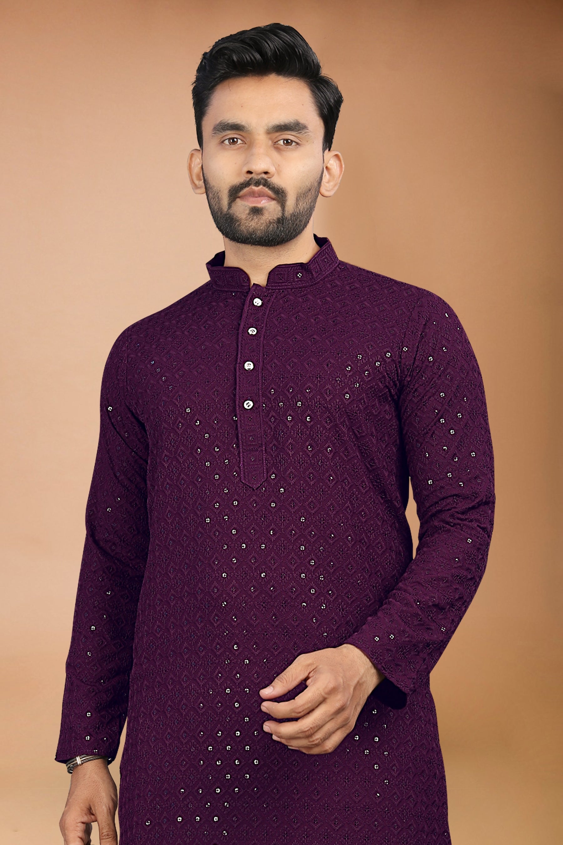 Neera Trendz Wine Rayon Schiffli Work Men's Kurta With Pyjama
