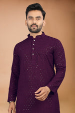 Thumbnail for Neera Trendz Wine Rayon Schiffli Work Men's Kurta With Pyjama