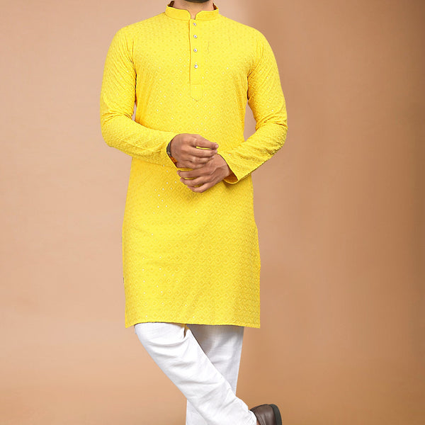 Neera Trendz Yellow Rayon Schiffli Work Men's Kurta With Pyjama