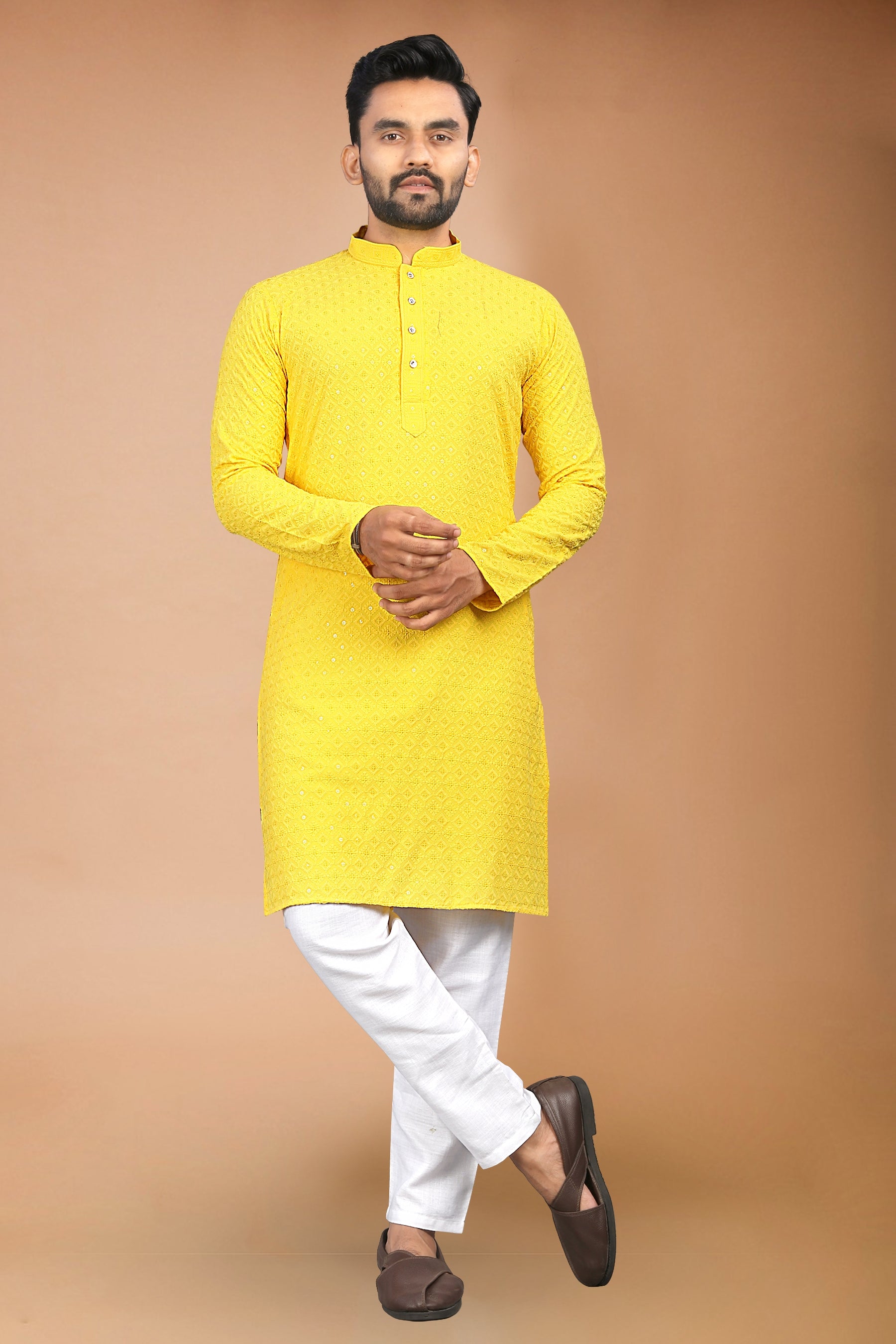 Neera Trendz Yellow Rayon Schiffli Work Men's Kurta With Pyjama - Dista