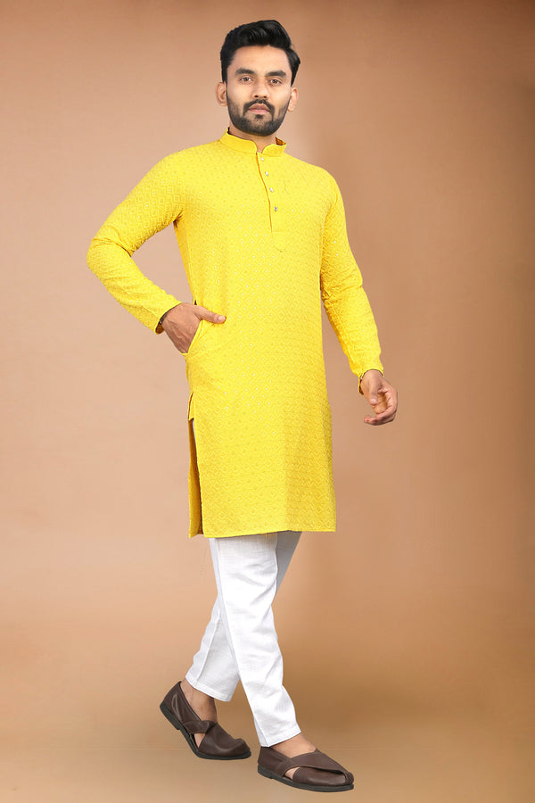 Neera Trendz Yellow Rayon Schiffli Work Men's Kurta With Pyjama
