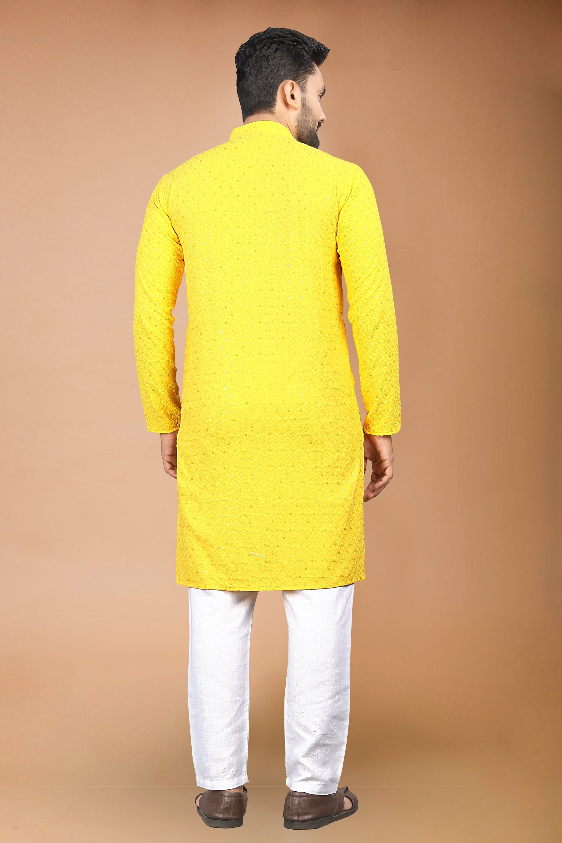 Neera Trendz Yellow Rayon Schiffli Work Men's Kurta With Pyjama