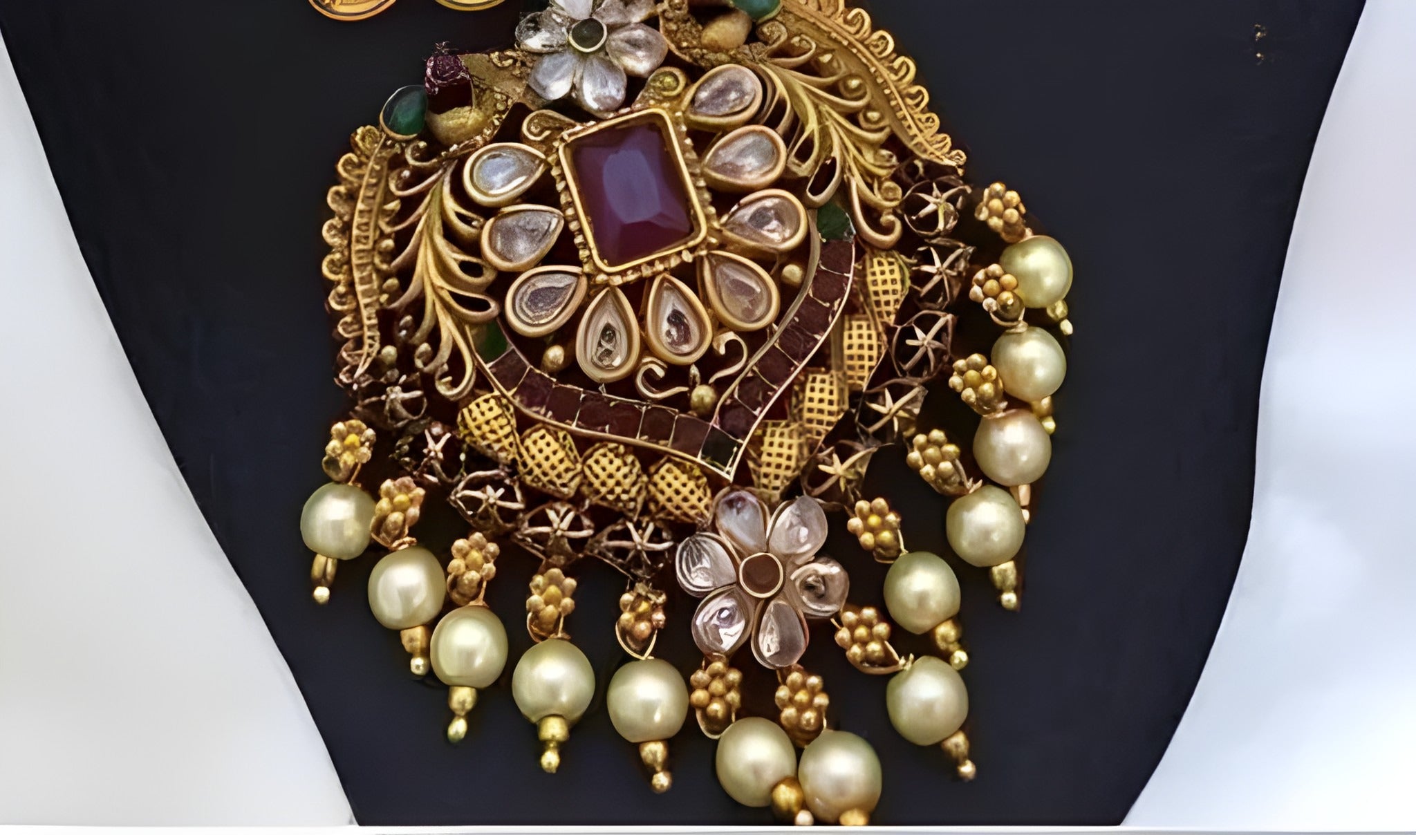 Jewel City Antique-Finish Temple Jewelry Set - Traditional South Indian Gold-Plated Necklace and Earrings with Pearl Drops