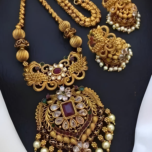 Jewel City Antique-Finish Temple Jewelry Set - Traditional South Indian Gold-Plated Necklace and Earrings with Pearl Drops