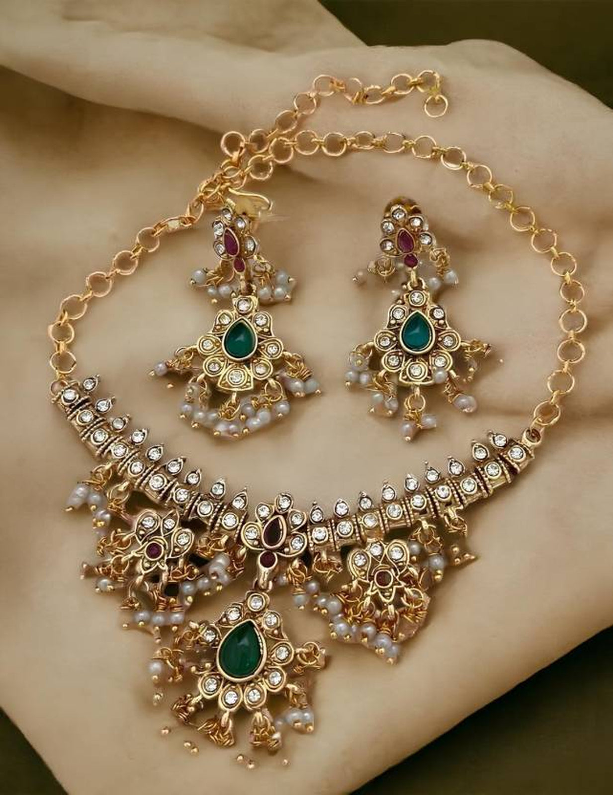 Jewel City Elegant Kundan Choker Set - Gold-Plated Pearl Drop Necklace with Green & Ruby Stones and Matching Earrings