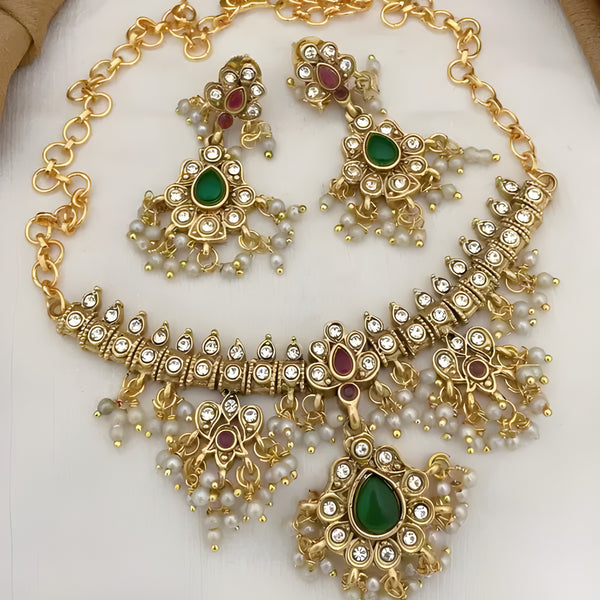Jewel City Elegant Kundan Choker Set - Gold-Plated Pearl Drop Necklace with Green & Ruby Stones and Matching Earrings