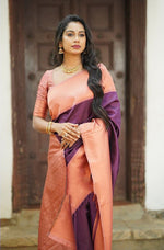 Thumbnail for Malishka Banarasi Silk Woven Saree With Blouse Piece - Purple - Distacart