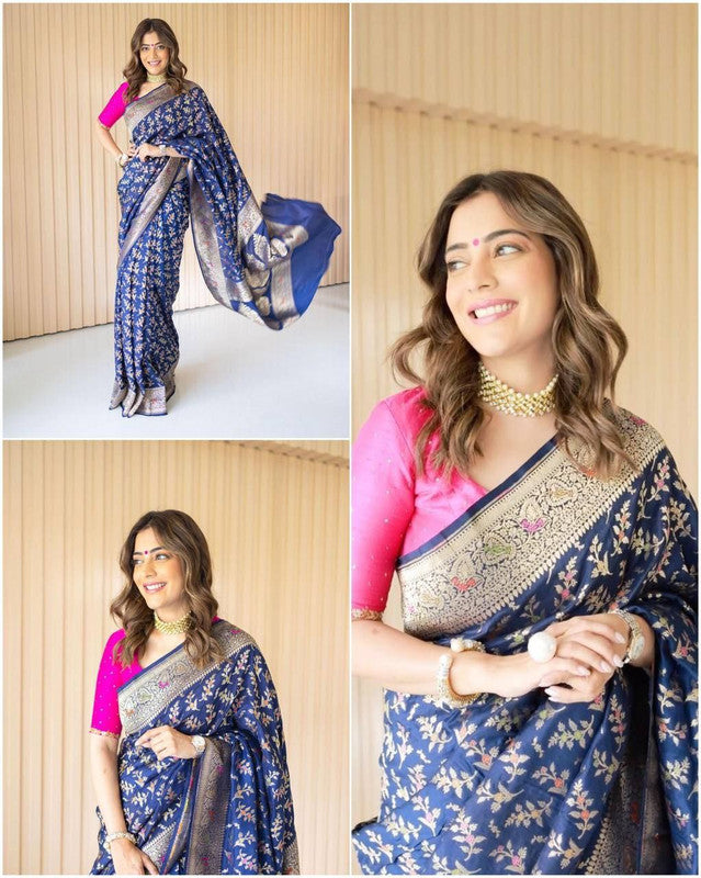NOZ2TOZ Women Banarasi Silk Woven Saree With Blouse Piece - Blue - Distacart
