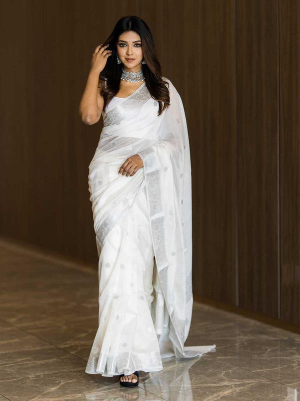 Malishka Cotton Printed Saree With Blouse Piece - white - Distacart