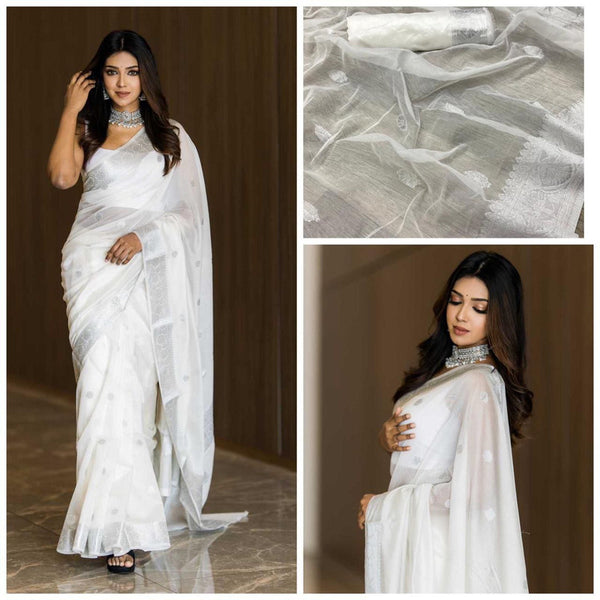 Malishka Cotton Printed Saree With Blouse Piece - white - Distacart