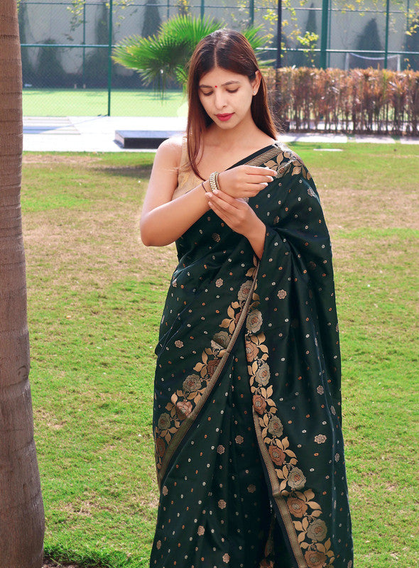 Malishka Banarasi Silk Woven Saree With Blouse Piece - Green - Distacart
