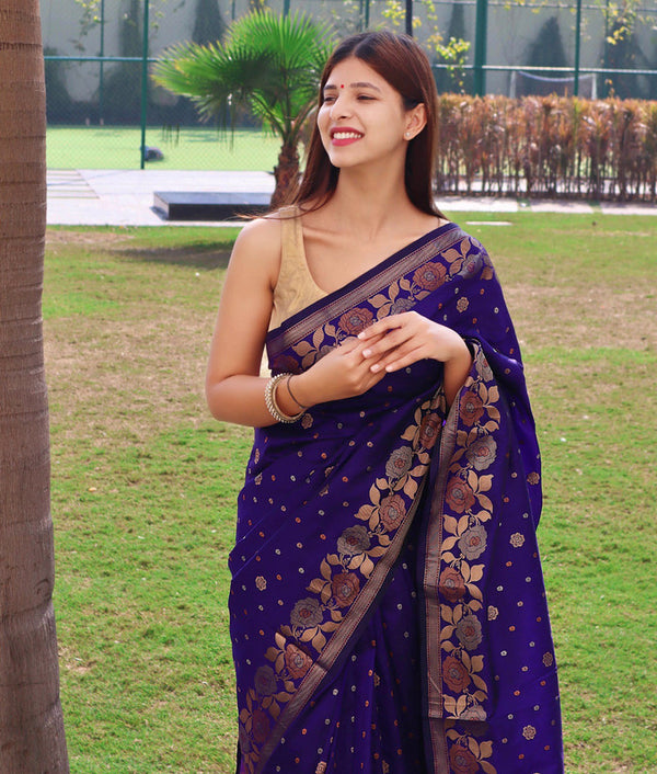 Malishka Banarasi Silk Woven Saree With Blouse Piece - Navy Blue - Distacart