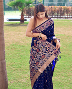 Thumbnail for Malishka Banarasi Silk Woven Saree With Blouse Piece - Navy Blue - Distacart
