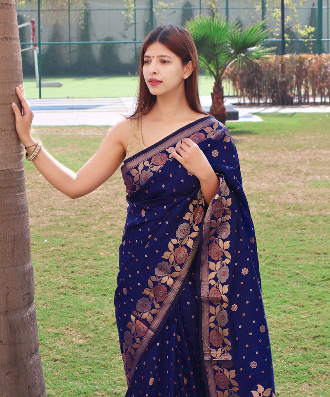 Malishka Banarasi Silk Woven Saree With Blouse Piece - Navy Blue - Distacart