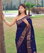Thumbnail for Malishka Banarasi Silk Woven Saree With Blouse Piece - Navy Blue - Distacart