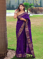 Thumbnail for Malishka Banarasi Silk Woven Saree With Blouse Piece - Purple - Distacart