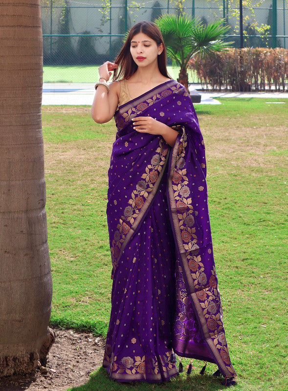 Malishka Banarasi Silk Woven Saree With Blouse Piece - Purple - Distacart
