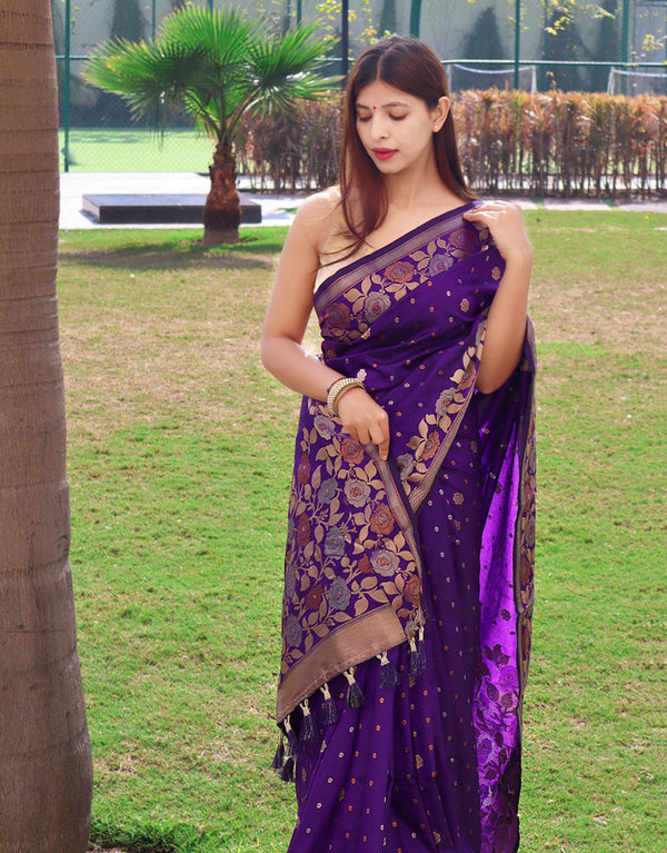 Malishka Banarasi Silk Woven Saree With Blouse Piece - Purple - Distacart