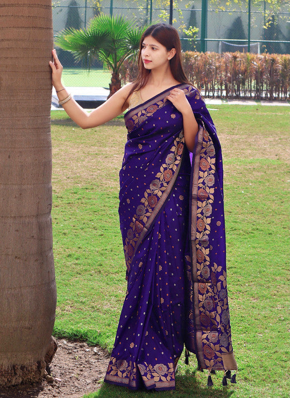 Malishka Banarasi Silk Woven Saree With Blouse Piece - Purple - Distacart