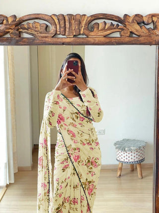Malishka Women's Green Chiffon Butta Floral Printed Ready To Wear Saree With Blouse Piece - Distacart